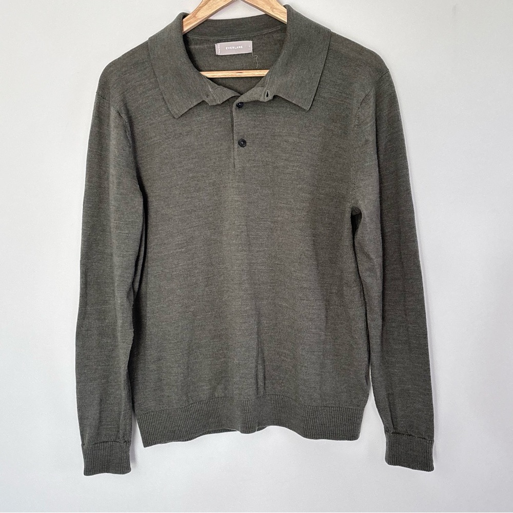 Everlane Men’s Wool Sweater Long Sleeves Polo Size Large Neutral Preppy G78